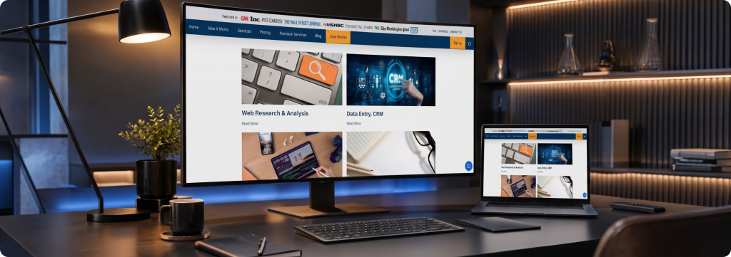 Modern office workspace displaying a web development company’s site offering AI services, AI automation, UI UX design services, SaaS platform development, cloud and DevOps services, blockchain and e-commerce development.