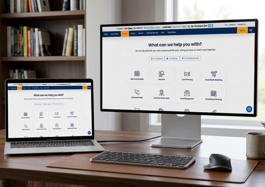 Modern workspace with laptop and monitor displaying AI services, AI automation, AI integration, web development company, mobile app development, SaaS platform development, UI UX design services, e-commerce development.