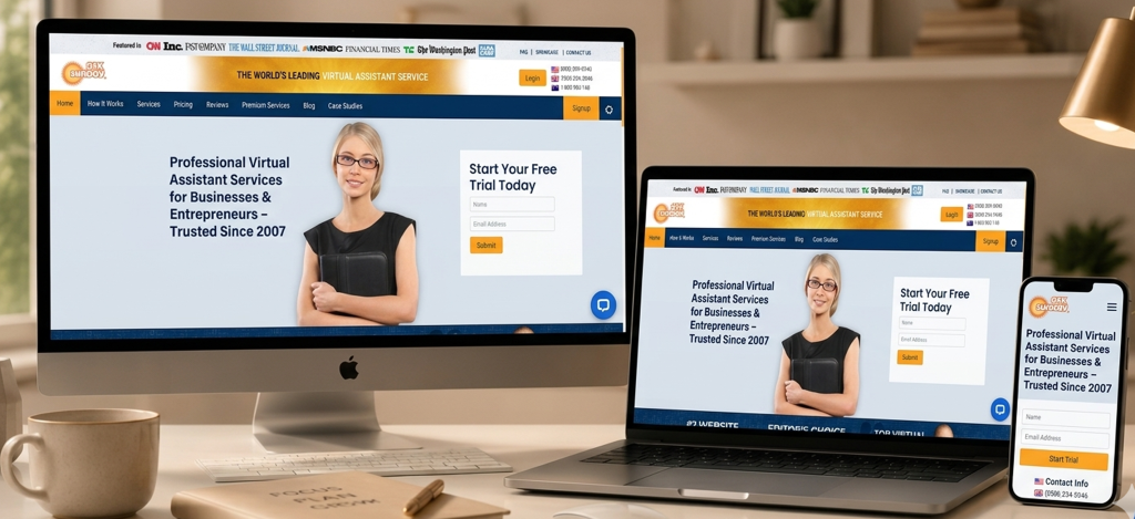 Desktop and laptop screens display web development company services, including AI automation, AI integration, UI UX design services, SaaS platform development, blockchain development, SEO, and immersive tech services.